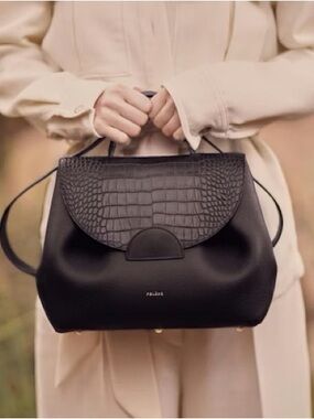 Polene Black Croc-Texture Leather Satchel